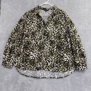 Rock & Republic Womens Black Animal Print Top XXL Tab Sleeve Button Up Leopard